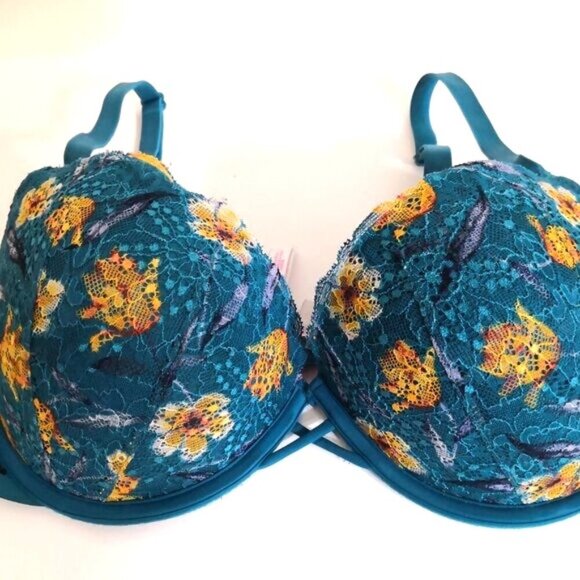 Victoria Secret Pink Date Push-up Strappy Padded Blue Floral Lace Bra 36DD - Picture 2 of 7